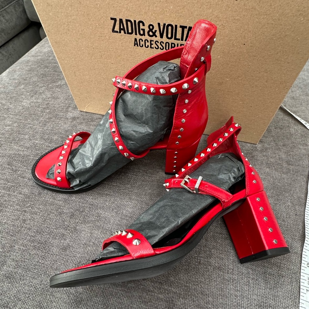 NIB (Sz7) Zadig & Voltaire Red Spike Sandals